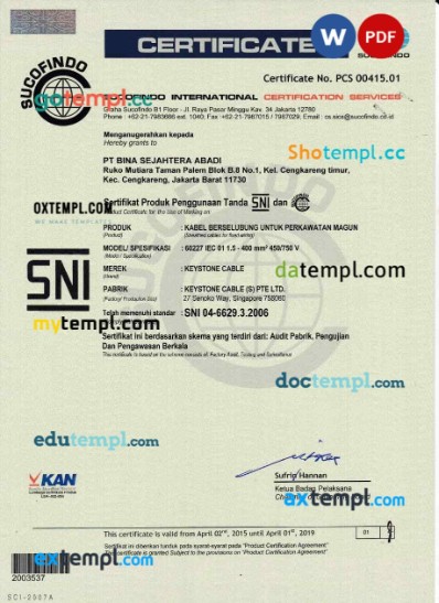 Indonesia Suconfindo international certificate editable template in Word and PDF format