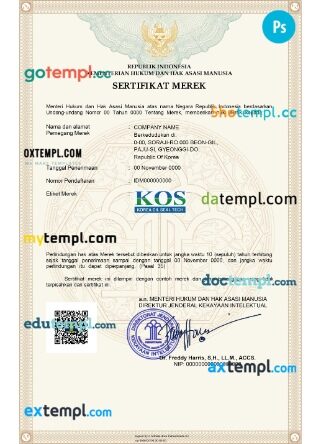 Indonesia company registration certificate PSD template