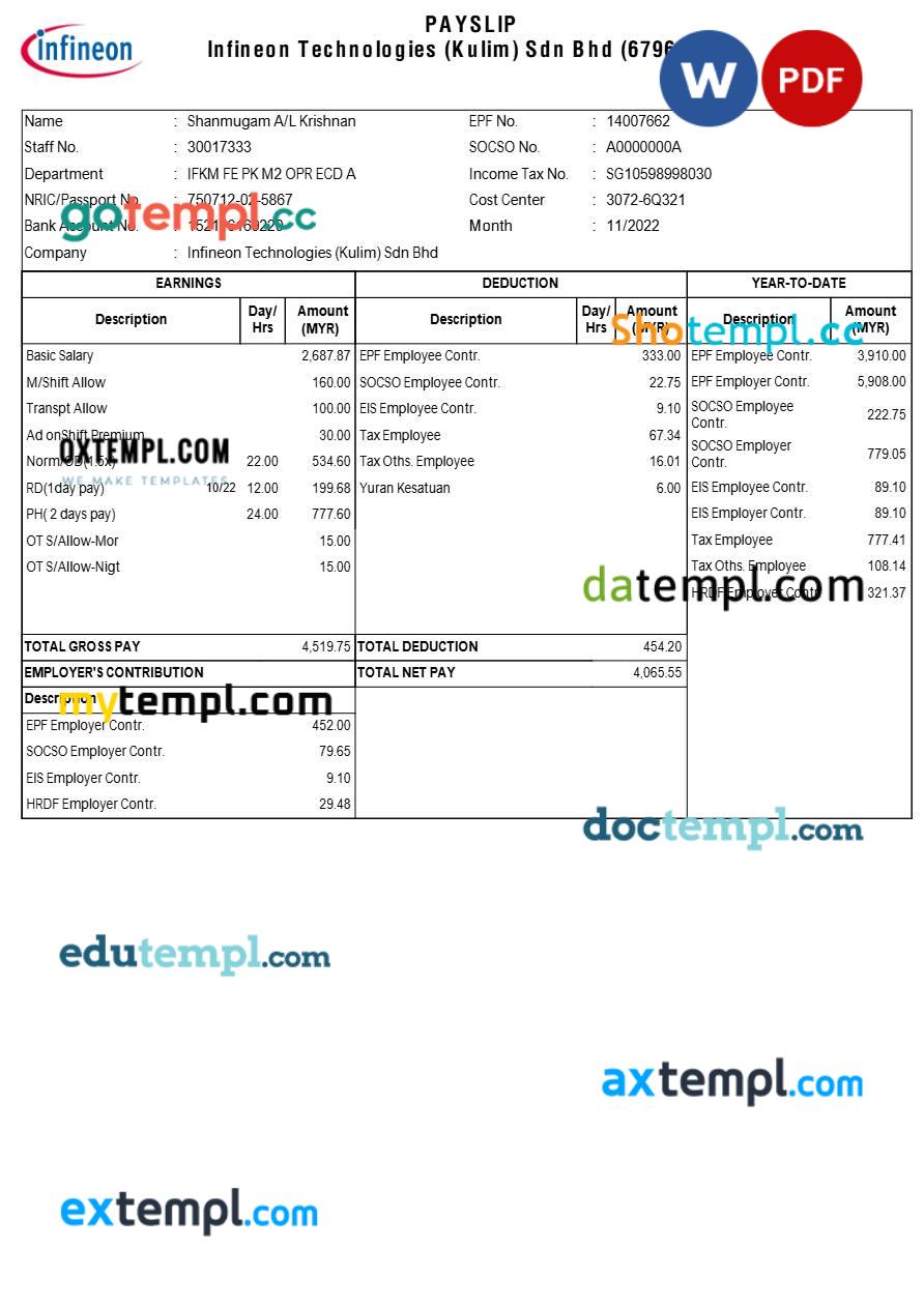 Infineon Technologies payslip template in Word and PDF formats