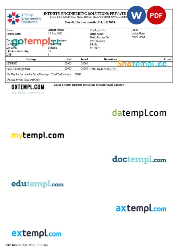 Infinity Engineering Solutions payslip template in Word and PDF formats