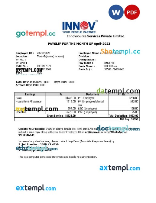 Innovsource Services staffing company payslip template in Word and PDF formats