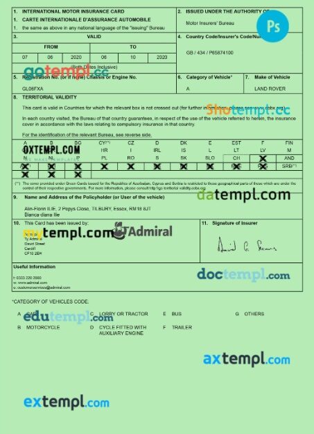 International motor insurance card certificate in PSD format