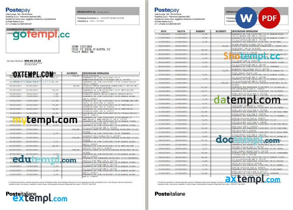 Italy Postepay Evolution (Poste Italiane) card statement Word and PDF template, 7 pages