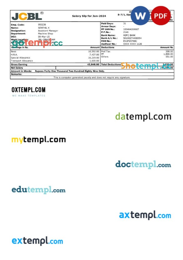 JCBL Marrel Tippers manufacturer payslip template in Word and PDF formats