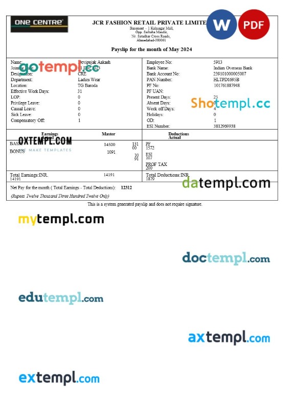 JCR Fashion Retail payslip template in Word and PDF formats