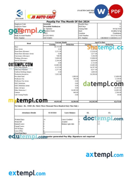 JS Auto Cast Foundry India payslip template in Word and PDF formats