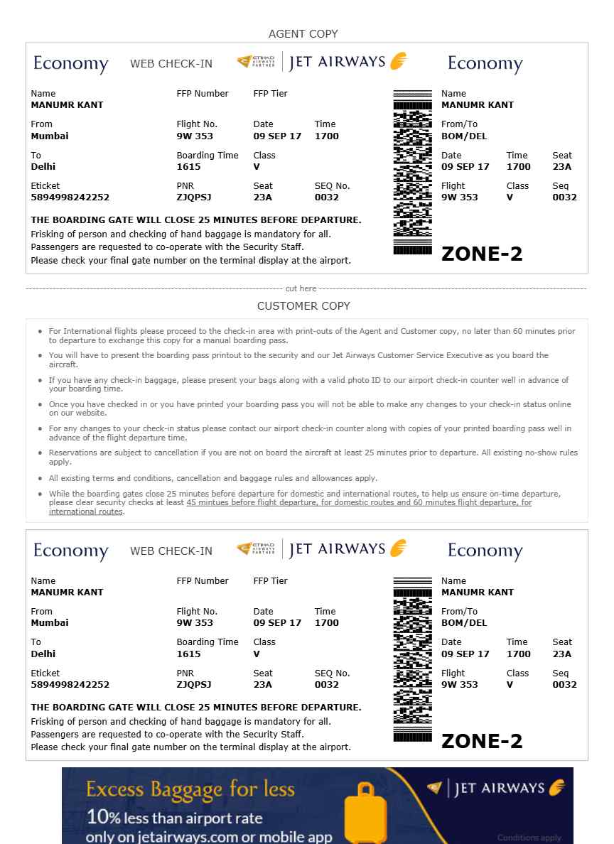 Jet Airways boarding pass in Word and PDF formats