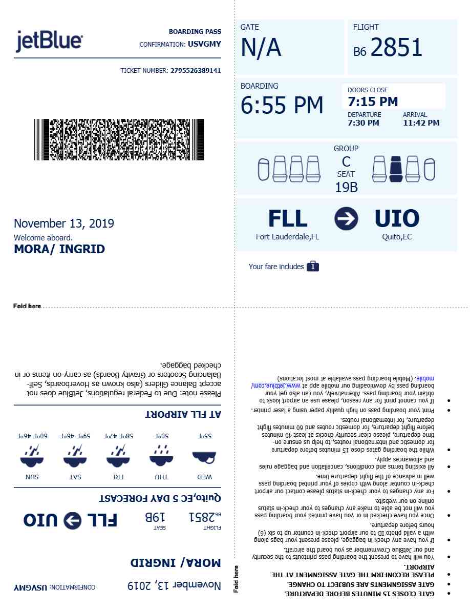 JetBlue boarding pass in Word and PDF formats