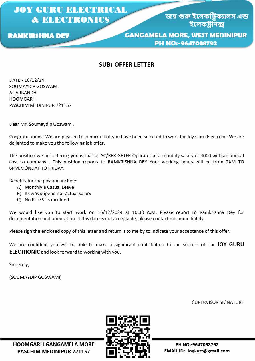 Joy Guru Electronic Register Operator offer letter in Word and Pdf formats