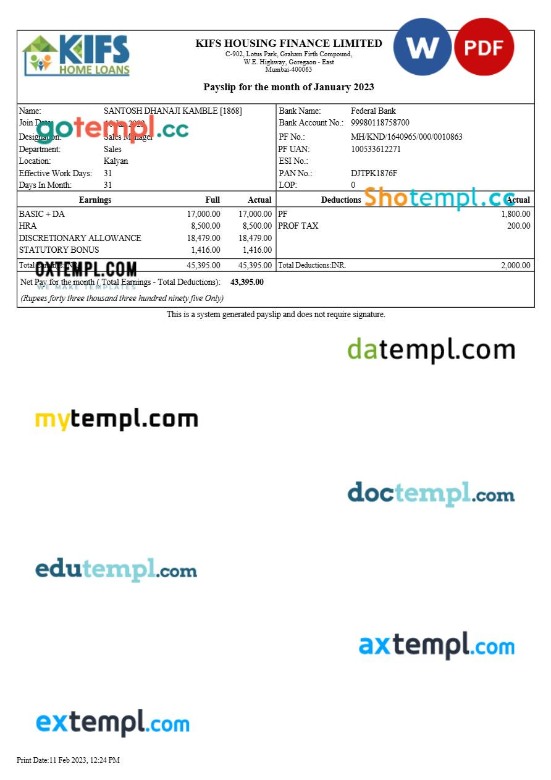 KIFS Housing Finance payslip template in Word and PDF formats