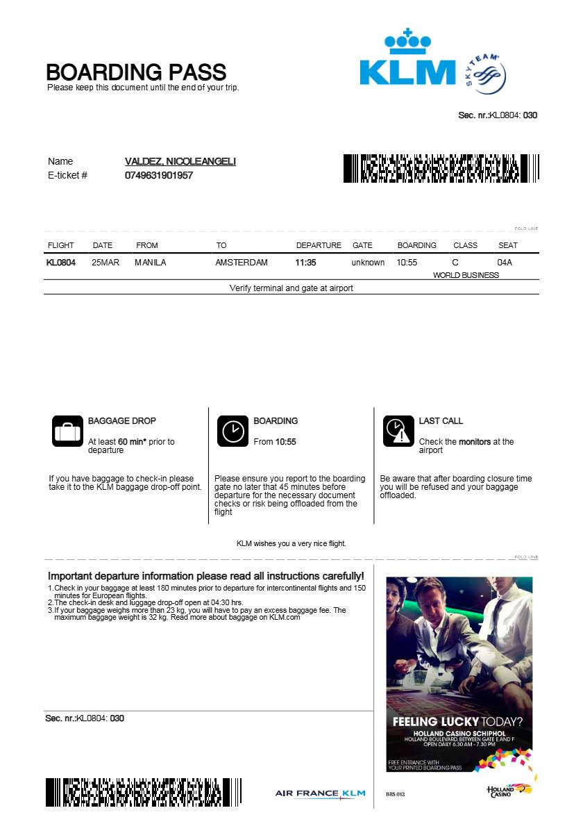 KLM Royal Dutch airlines boarding pass in Word and PDF formats, version 1