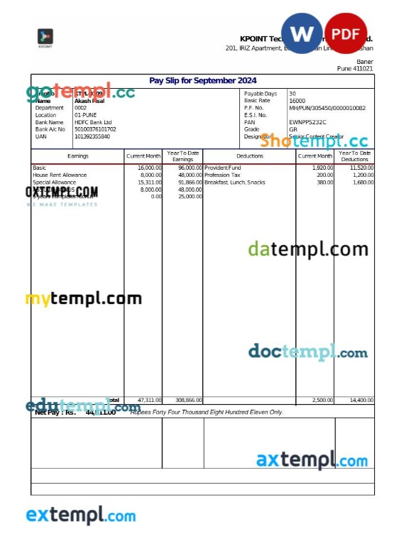 KPOINT Technologies payslip template in Word and PDF formats