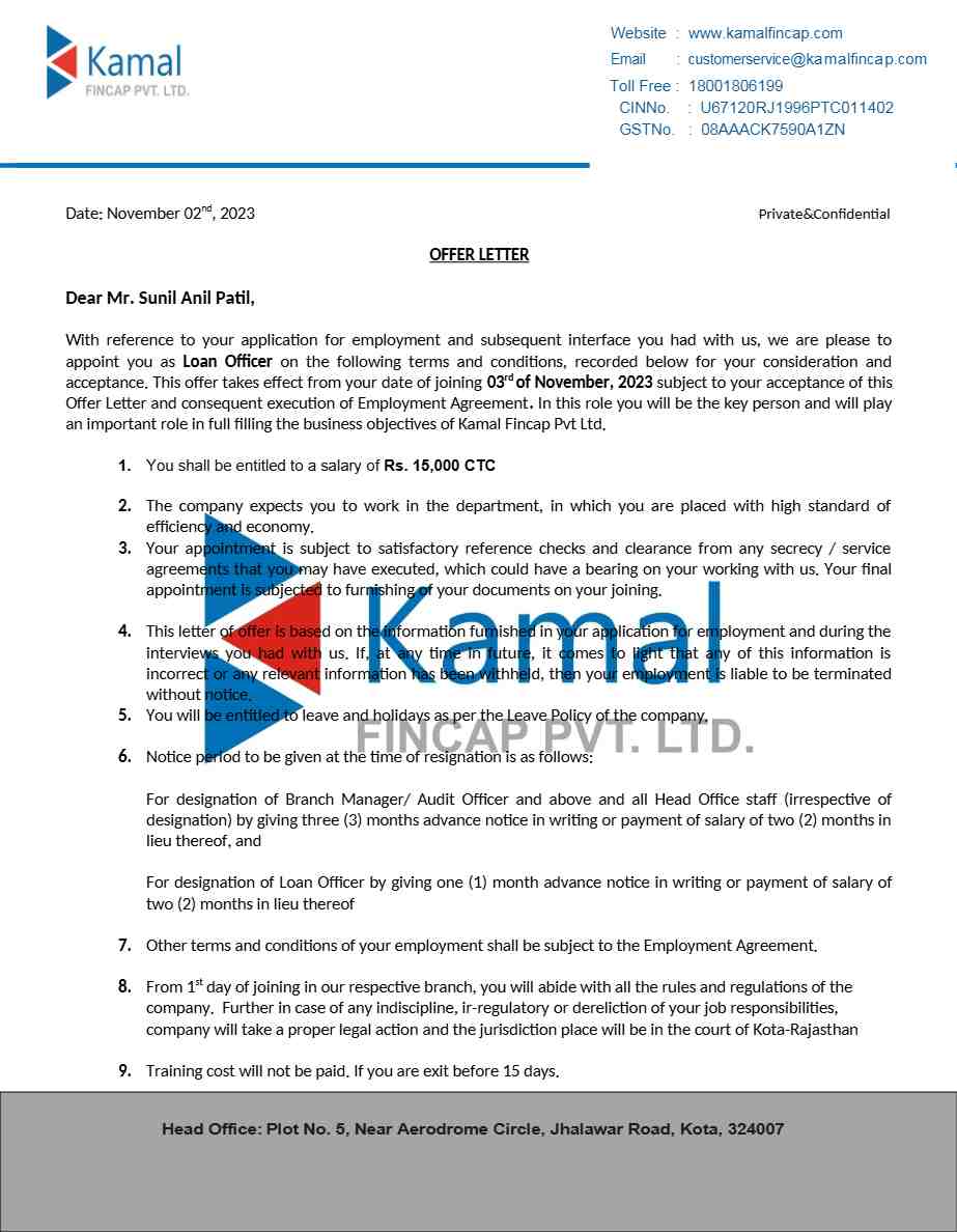 Kamal Fincap Pvt. Ltd. Loan Officer offer letter in Word and Pdf formats