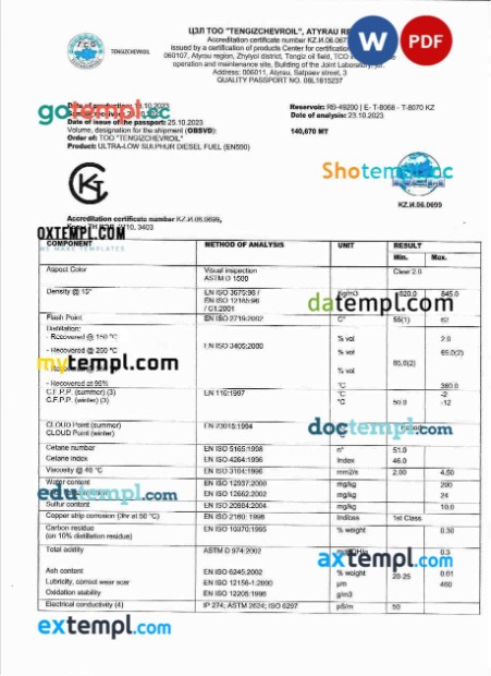 Kazakhstan Tengizchevroil product certificate editable template in Word and PDF format