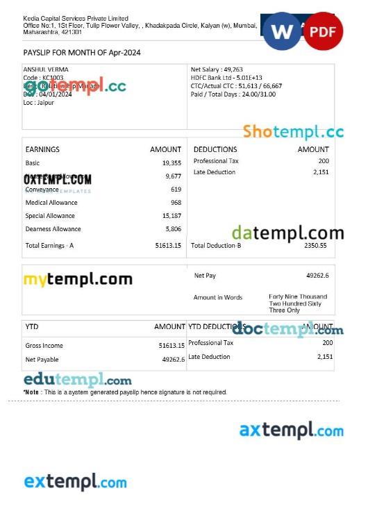 Kedia Capital Services investment services payslip template in Word and PDF formats