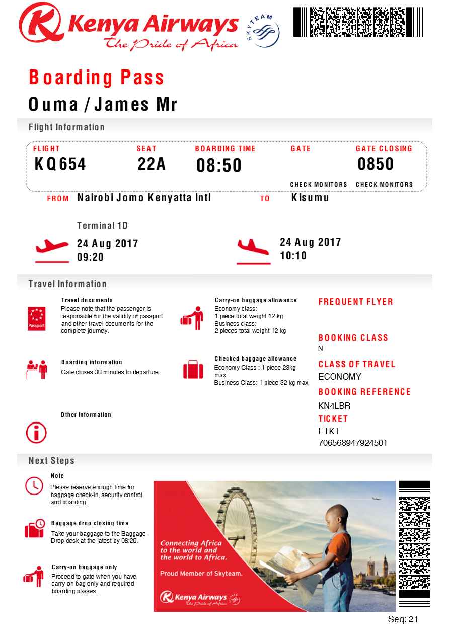 Kenya Airways boarding pass in Word and PDF formats