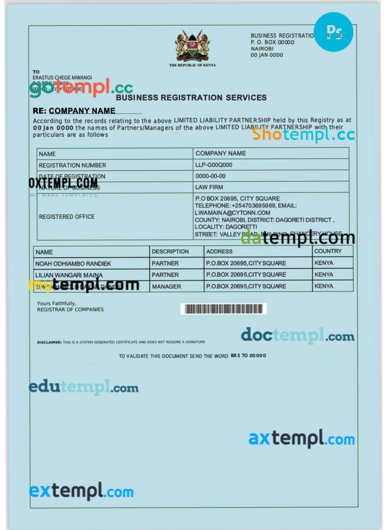 Kenya business registration license PSD template