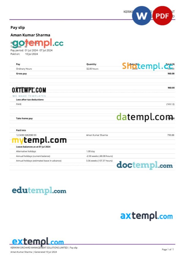 Kerikiwi Orchard Management Solutions payslip template in Word and PDF formats