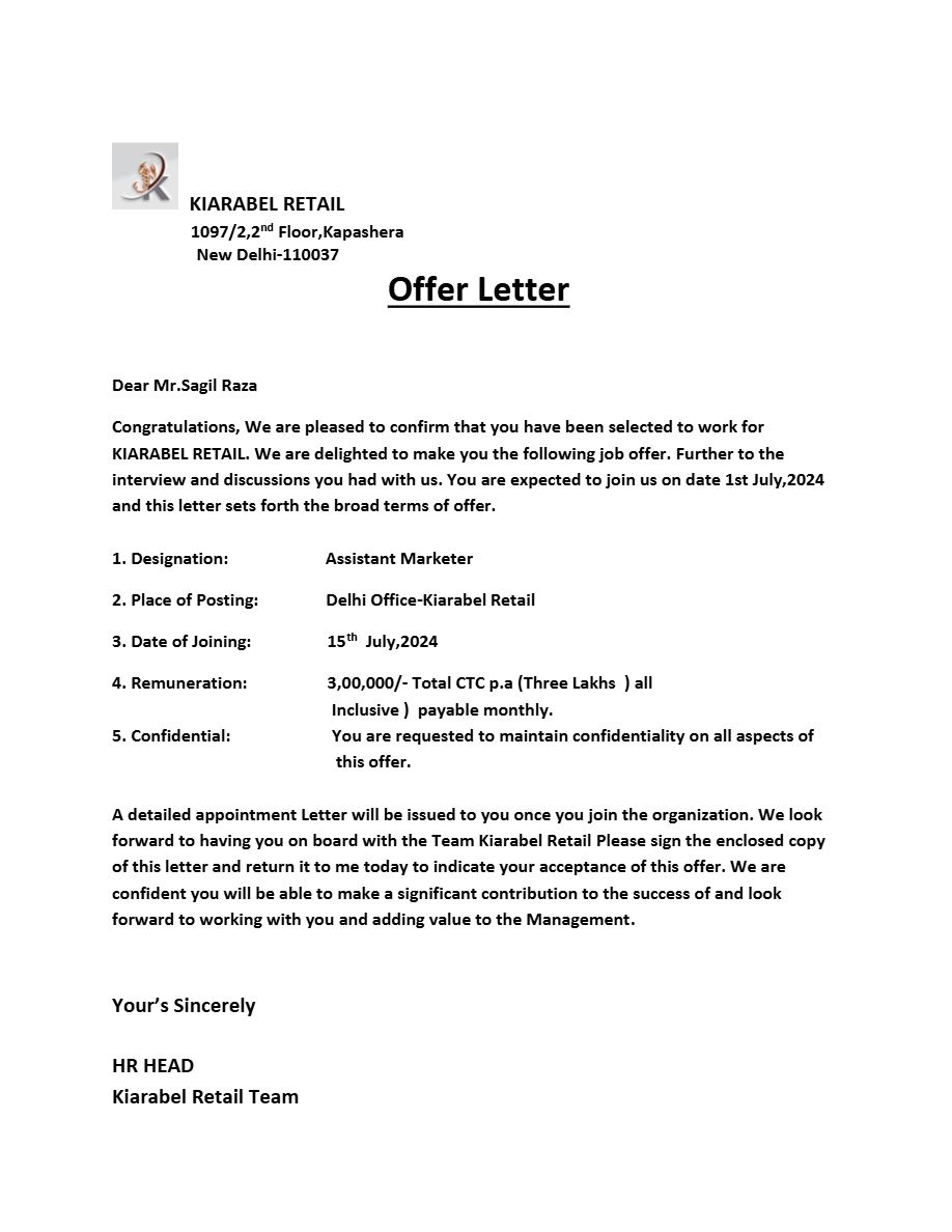 Kiarbel Retail Assistant Marketer offer letter in Word and Pdf formats