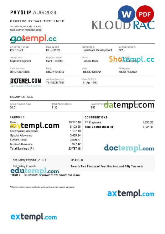 Kloudserve Software payslip template in Word and PDF formats
