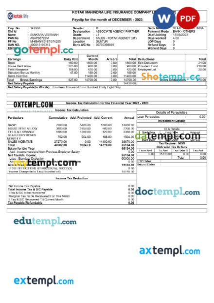 Kotak Life Insurance Company payslip template in Word and PDF formats