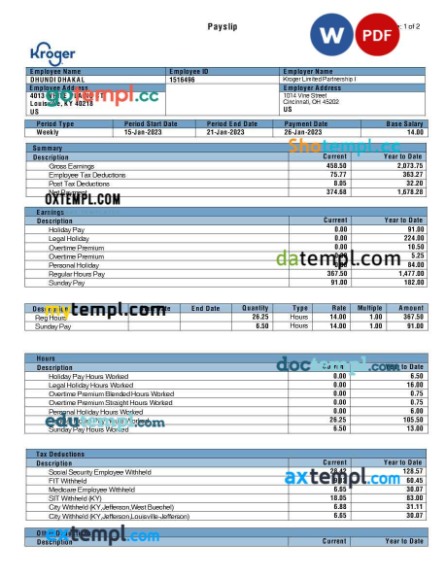 Kroger grocery payslip template in Word and PDF formats