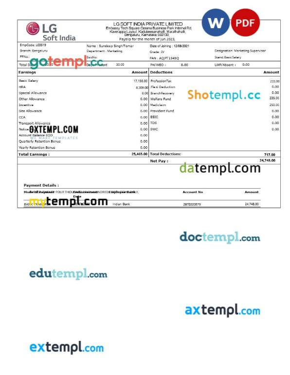 LG Soft India payslip template in Word and PDF formats