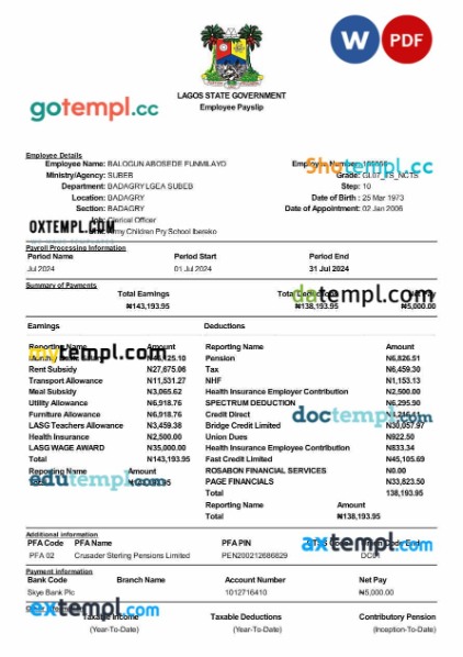 Lagos State Government employee payslip template in Word and PDF formats, version 2