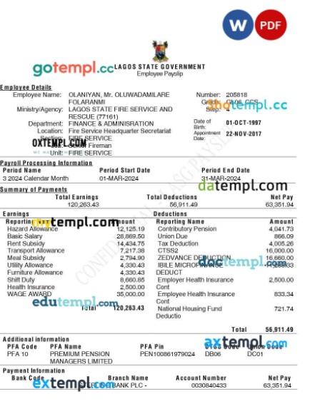 Lagos State Government employee payslip template in Word and PDF formats