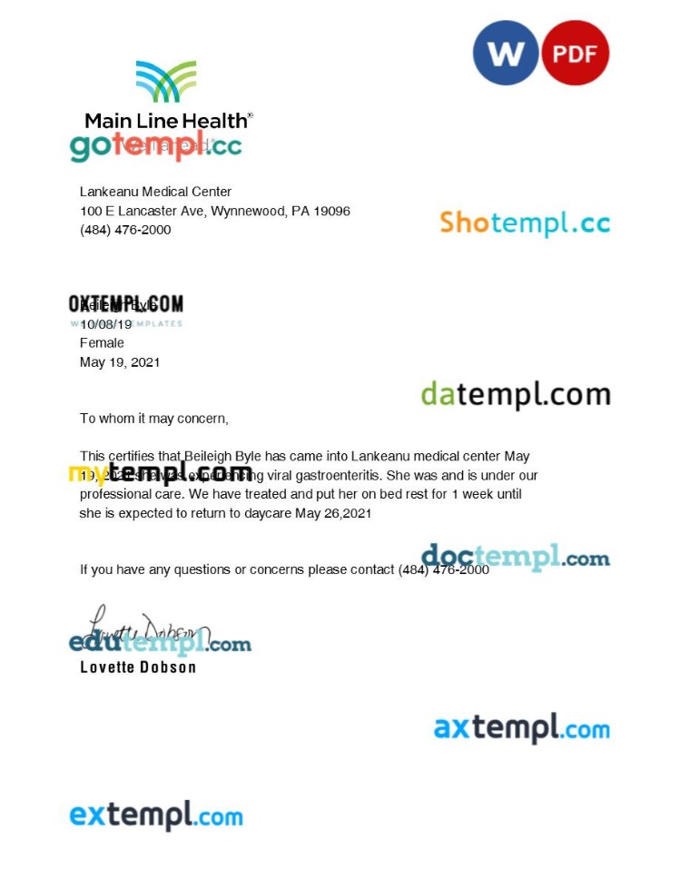 Lankeanu Medical Center doctor note template Word and PDF formats