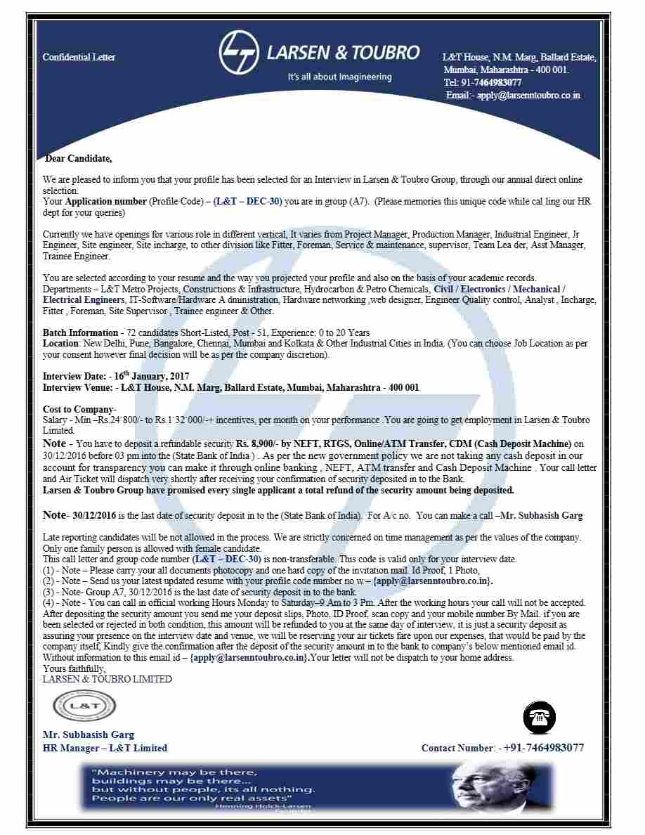 Larsen & Tourbo Group Interview offer letter in Word and Pdf formats