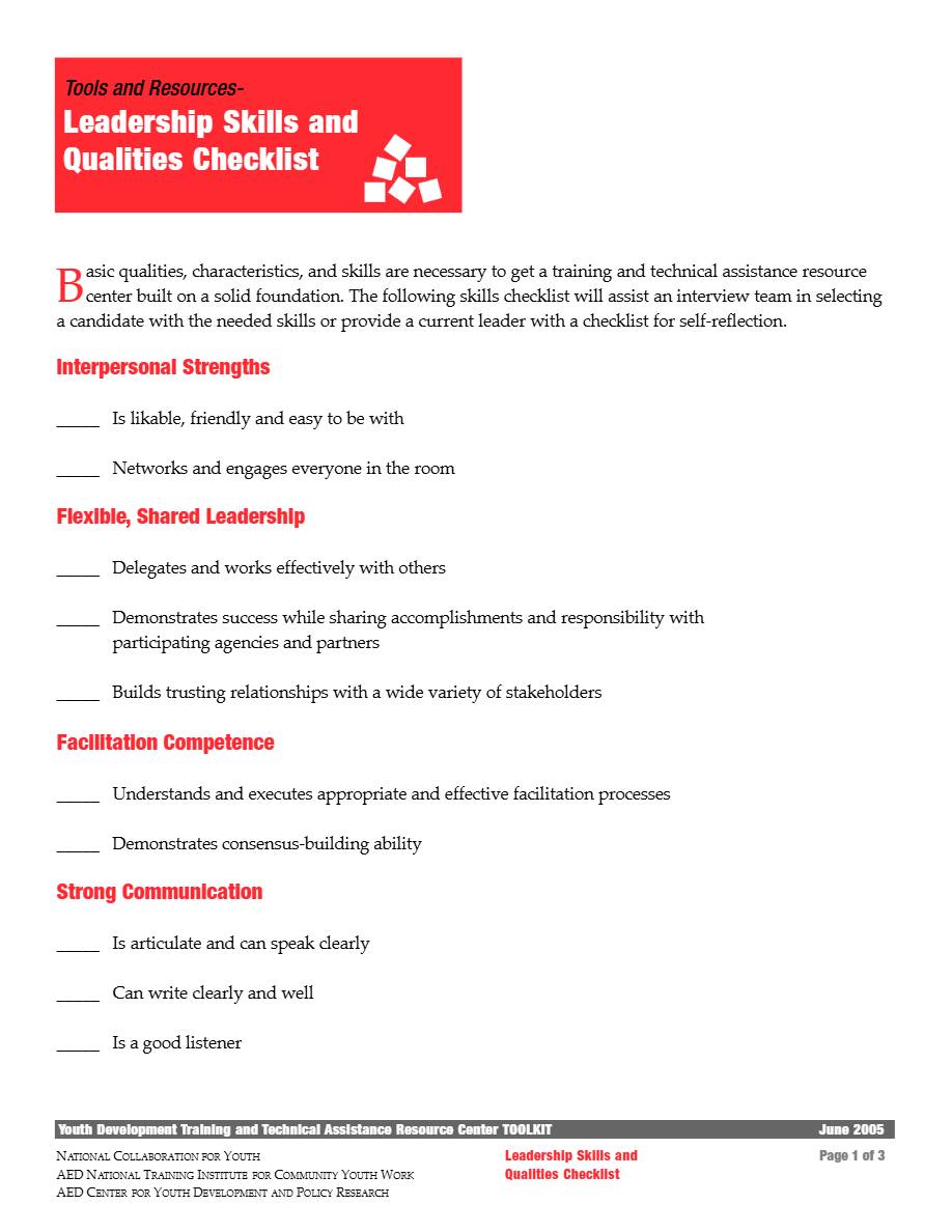 Leadership Skills and Qualities checklist template in Word and PDF formats, 3 pages