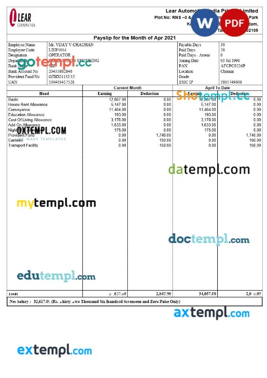 Lear Automotive India payslip template in Word and PDF formats