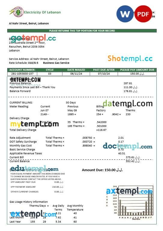 Lebanon Electricity of Lebanon business utility bill template in Word and PDF formats