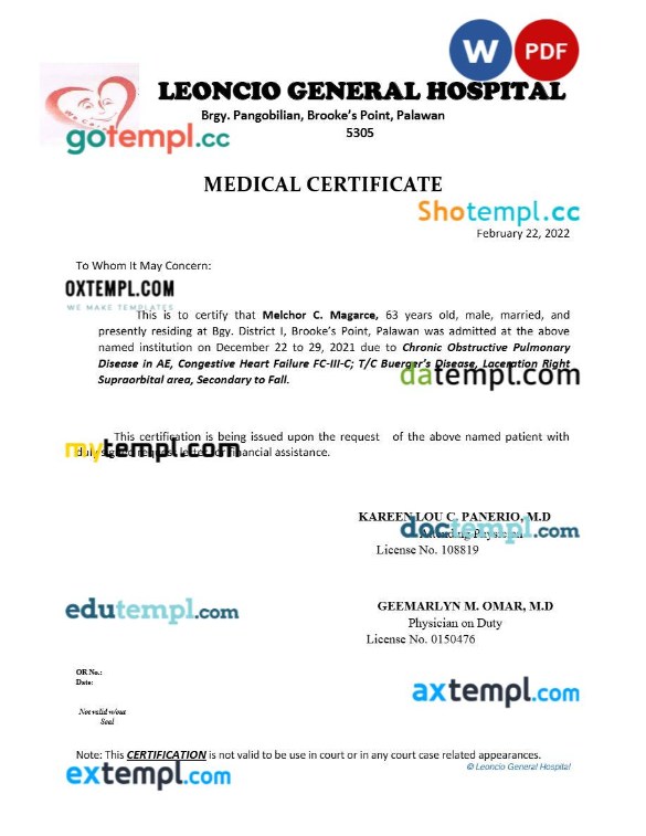 Leoncio General Hospital medical certificate template Word and PDF formats