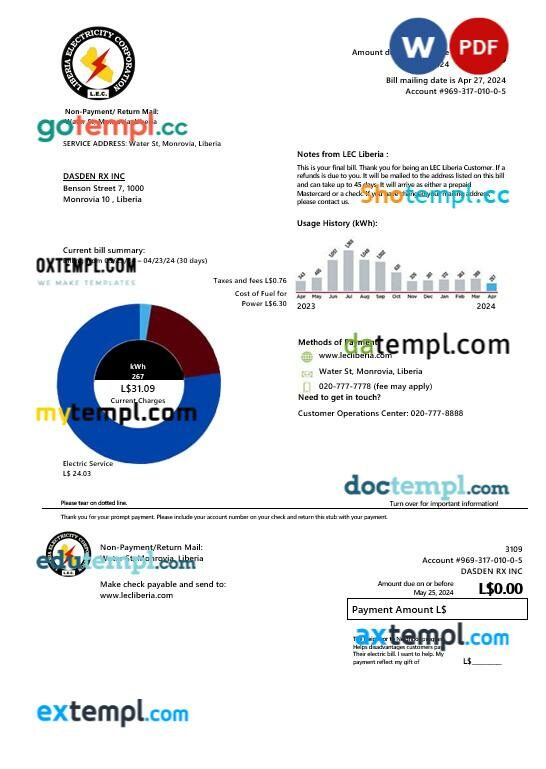 Liberia Electricity Corporation business utility bill template in Word and PDF formats