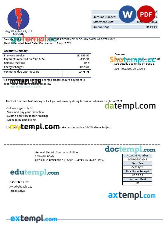 Libya General Electric Company electricity business utility bill template in Word and PDF formats