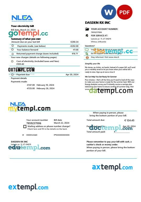 Lithuania National Lithuanian Energy Association business utility bill Word and PDF template