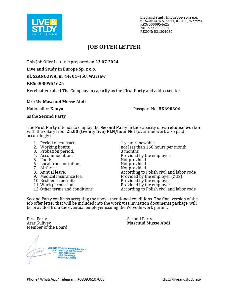 Live and Study in Europe Warehouse Worker offer letter in Word and Pdf formats