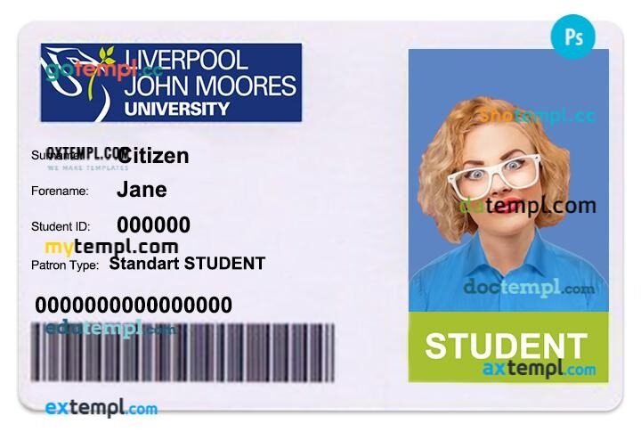 Liverpool John Moores University student ID template in PSD format