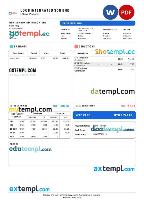 Loob Integrated tea brand payslip template in Word and PDF formats