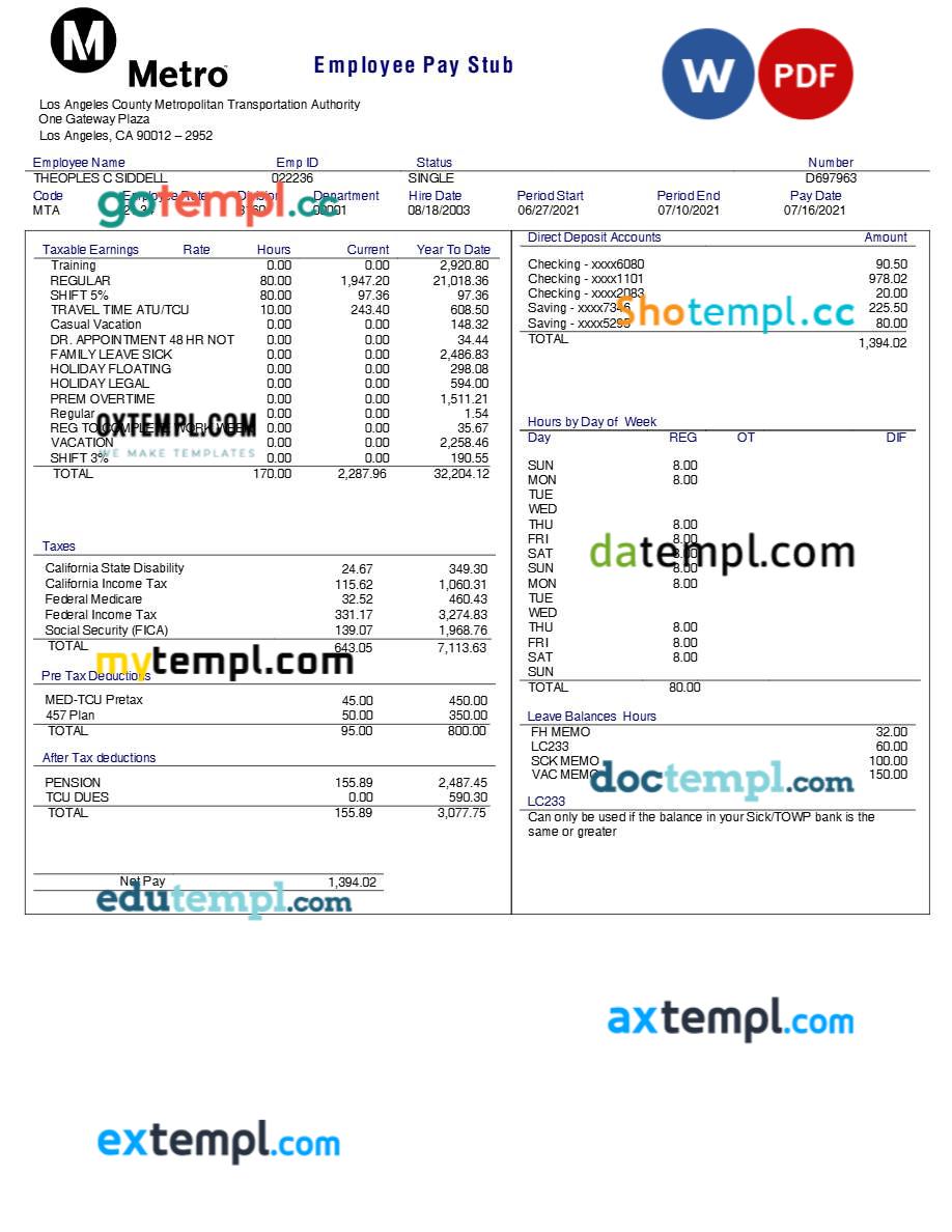 Los Angeles County Metropolitan Transportation Authority employee pay stub