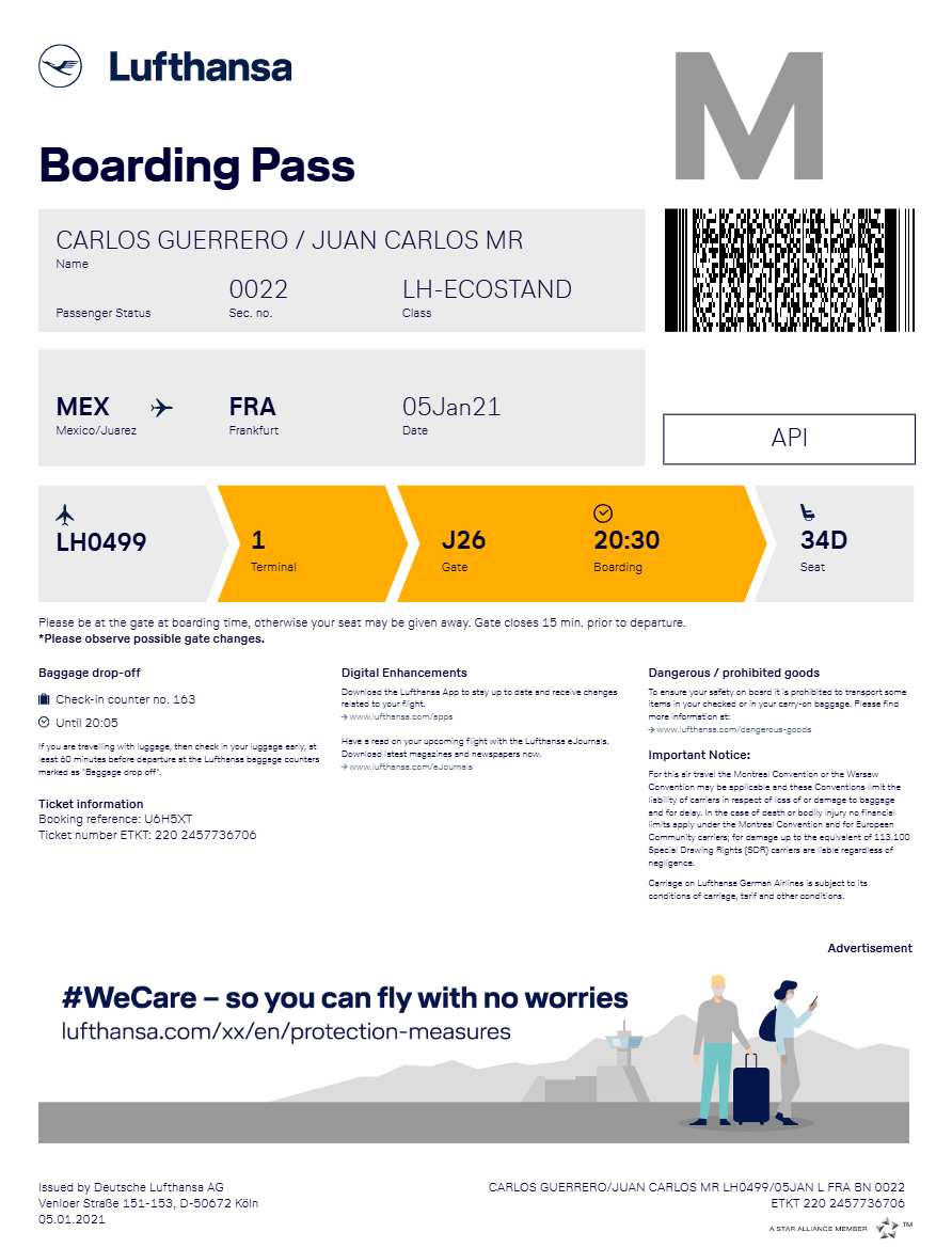 Lufthansa boarding pass in Word and PDF formats