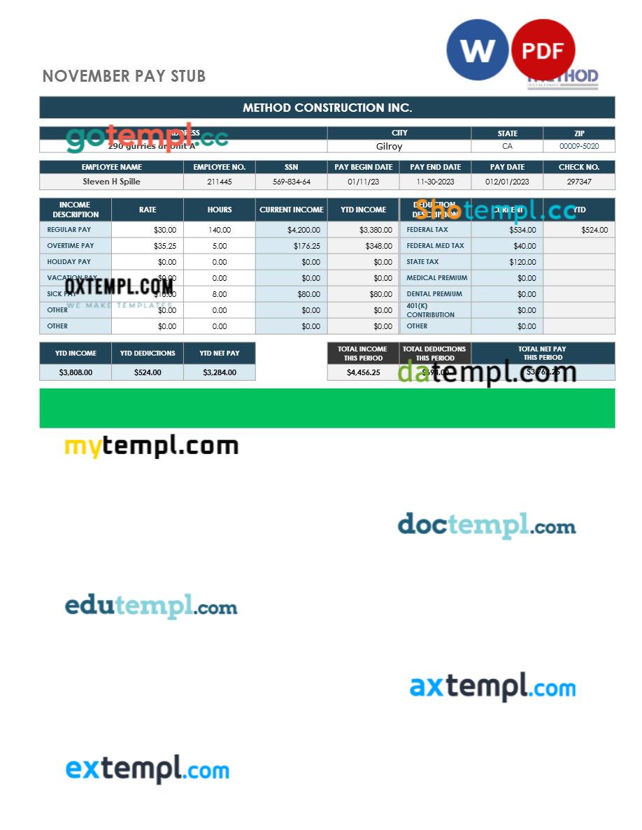 Method Construction INC pay stub template in Word and PDF formats