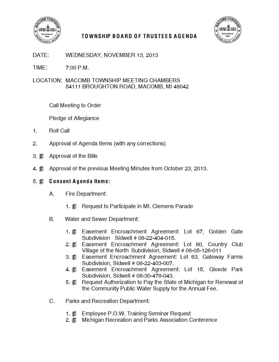 Macomb Township Board of Trustees agenda template in Word and PDF formats