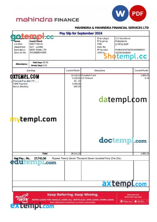 Mahindra Financial Services LTD payslip template in Word and PDF formats