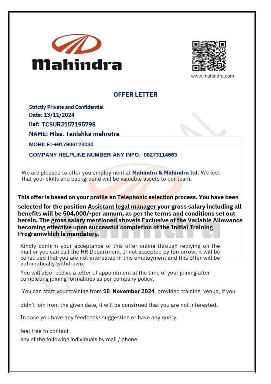 Mahindra ltd. Assistant Legal Manager offer letter in Word and Pdf formats