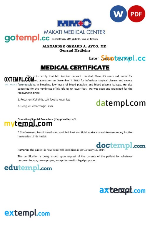 Makati Medical Center medical certificate template Word and PDF formats