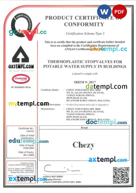 Malaysia Anqas certification SDN. BDH. product certificate template in Word and PDF format