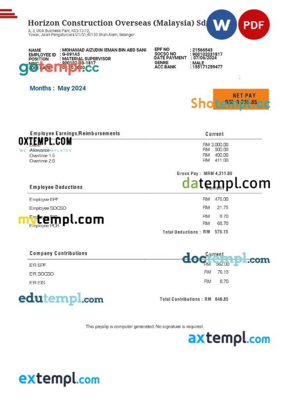 Malaysia Horizon Construction Overseas payslip template in Word and PDF formats